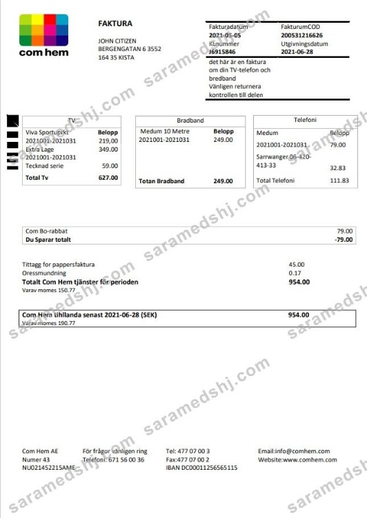 Sweden Com Hem utility bill template in Word and PDF format